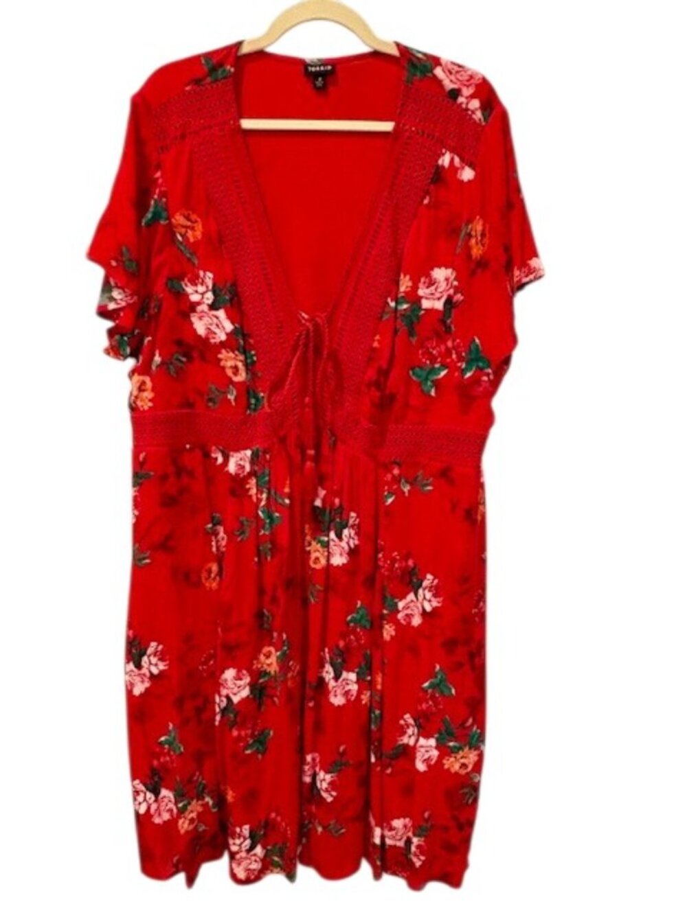 Torrid Women's 3X Red Floral Boho Flutter Sleeve Lace Up Eyelet Neck Dress Lined